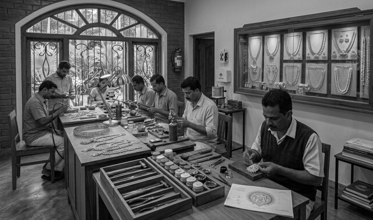 Artisans handcrafting temple jewellery in the Thrissur atelier