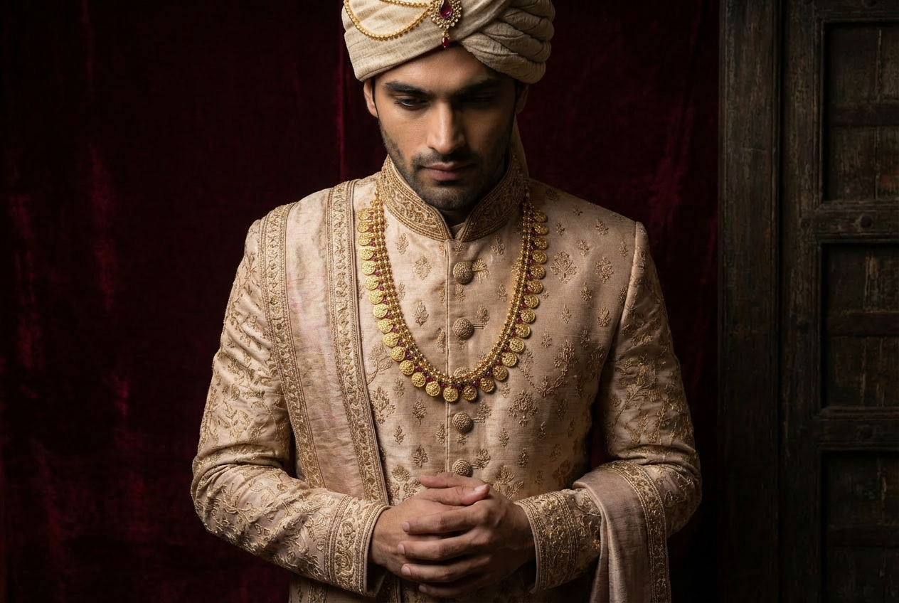 Groom in ivory sherwani wearing layered Kasu Mala