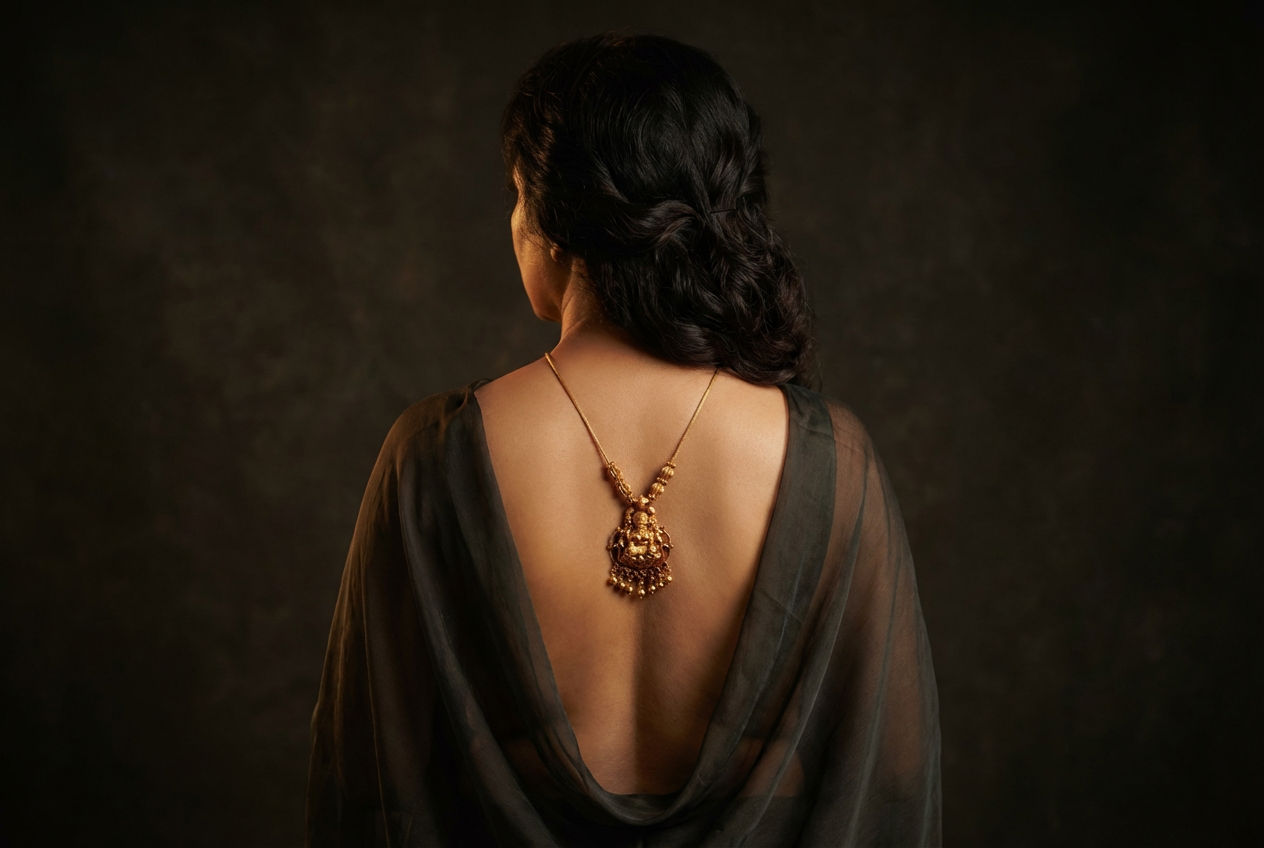 Lakshmi pendant worn as back necklace