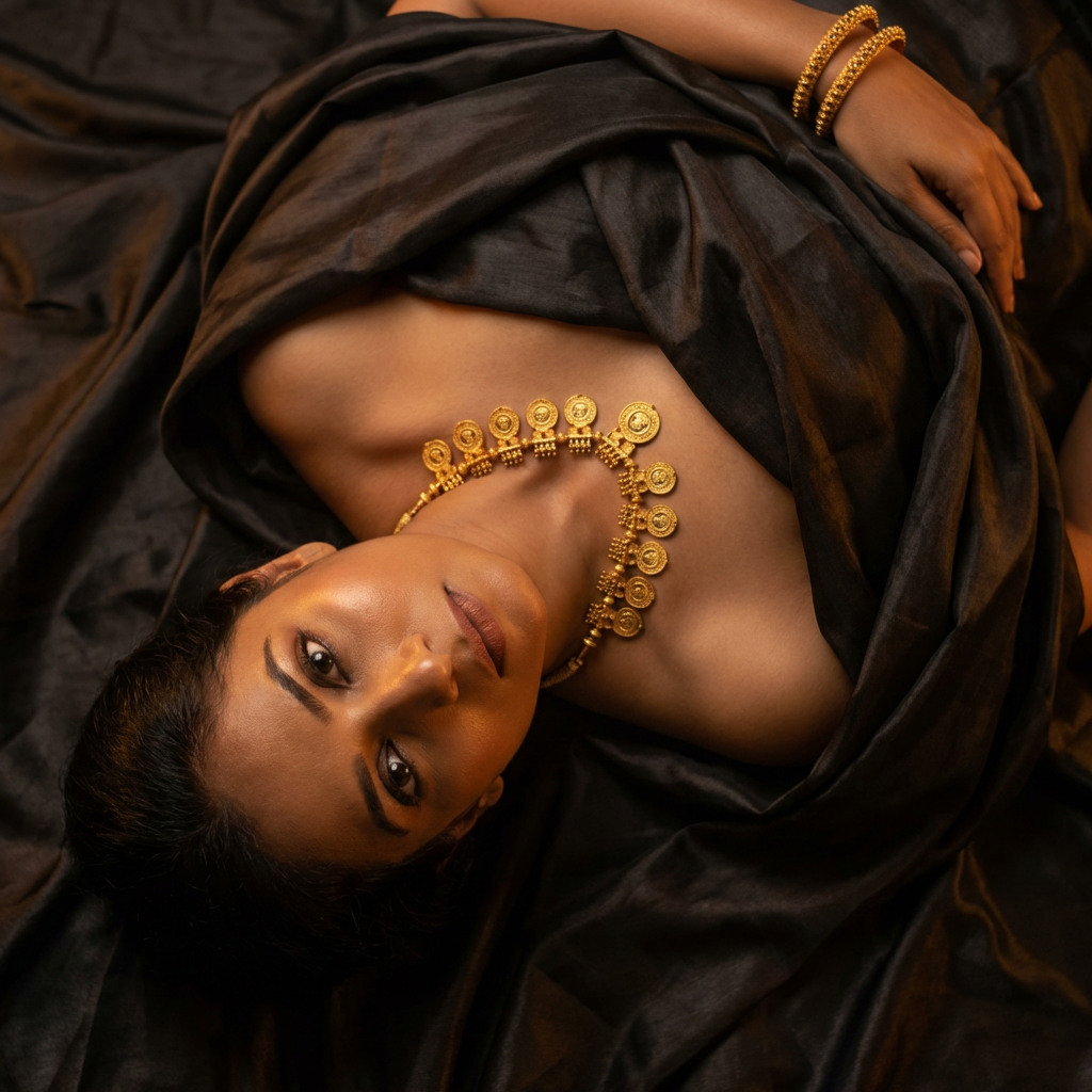Kasu Mala coin necklace, reclining editorial on dark silk