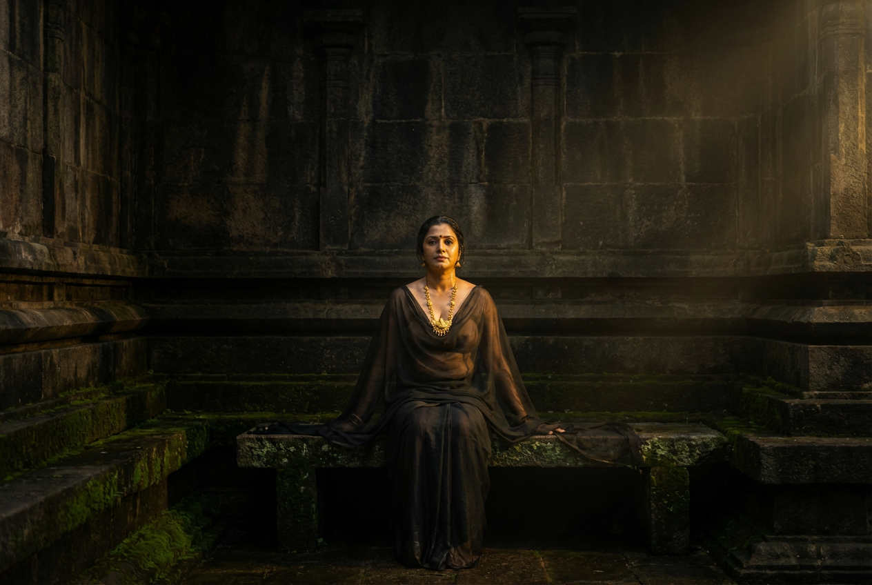 Woman in Lakshmi Haar on ancient temple steps