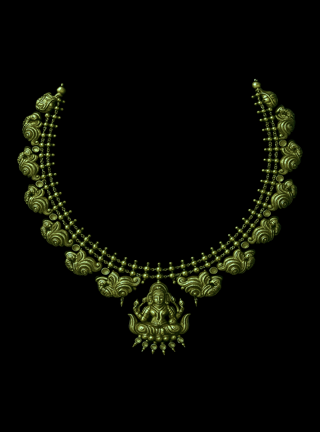 Green enamel temple necklace on black