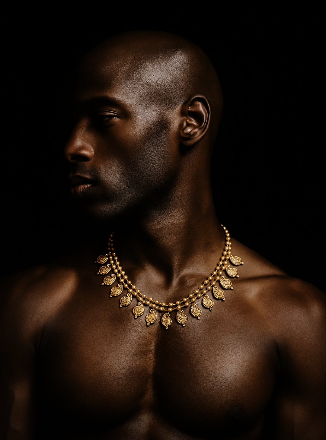 Male profile with temple necklace