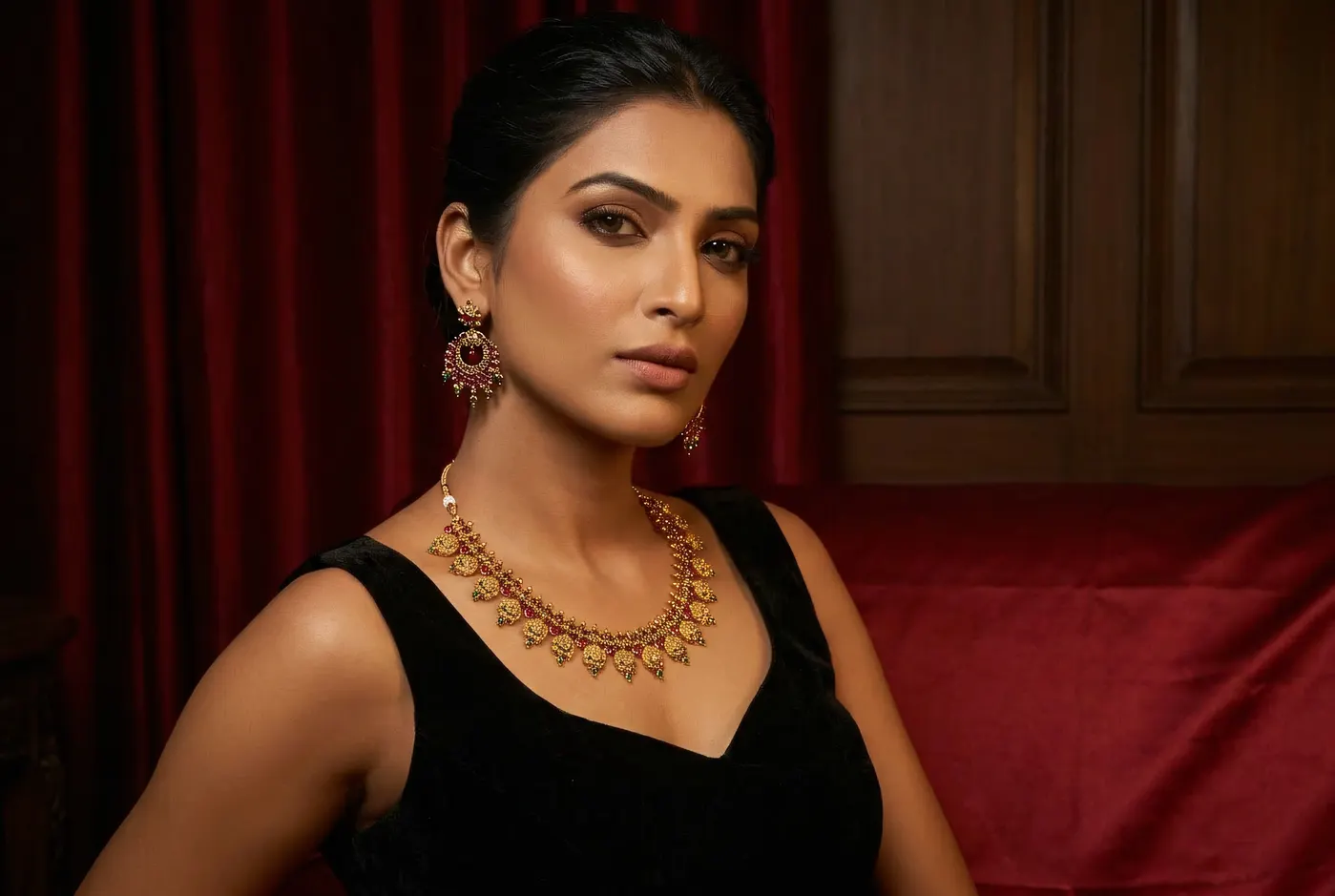 Editorial portrait wearing Palakka Mala with ruby and green stone leaf necklace