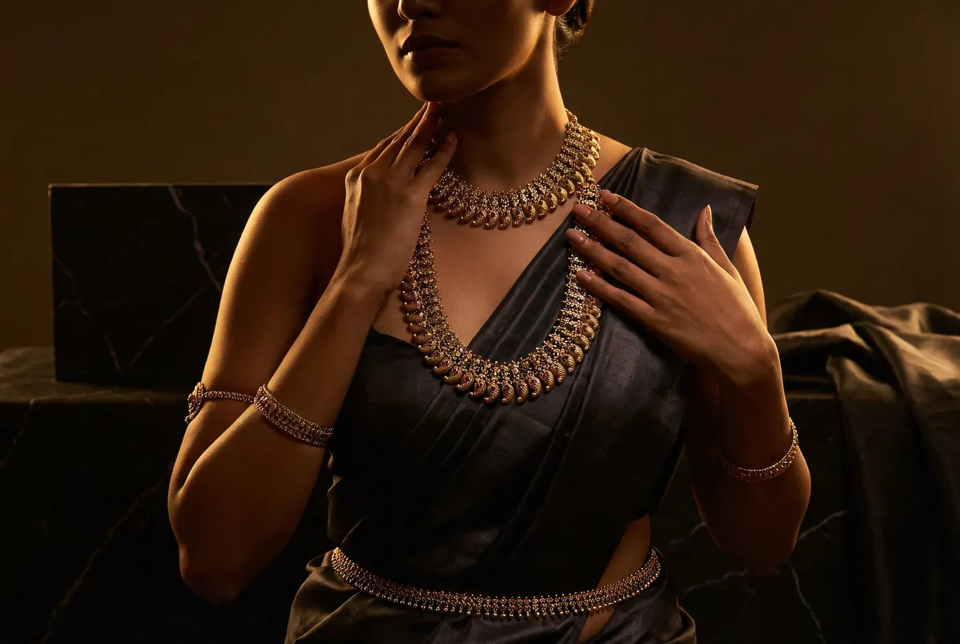 Fine art portrait with layered temple gold necklace