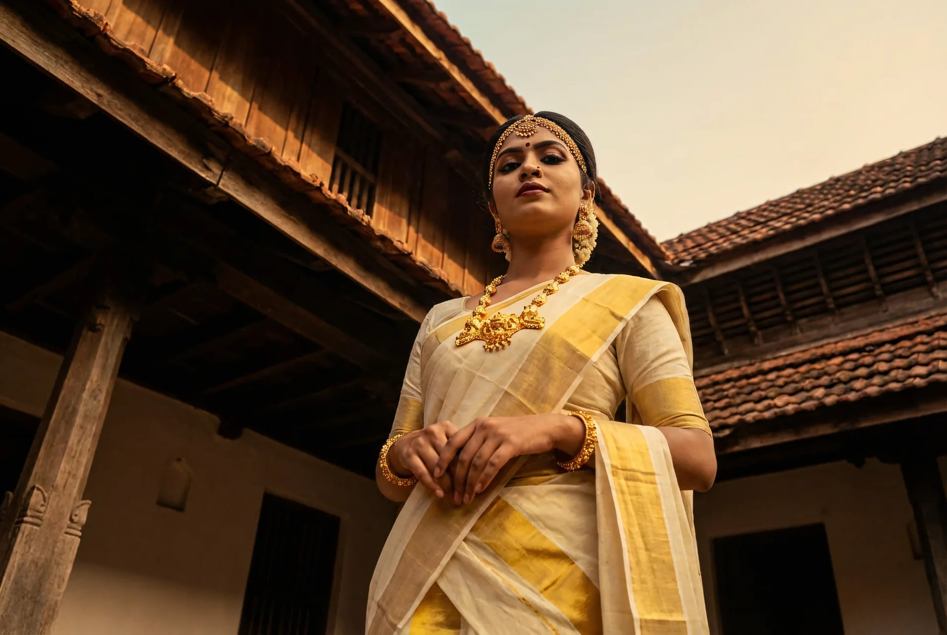 Woman in black Kanjivaram saree with jasmine wearing temple gold