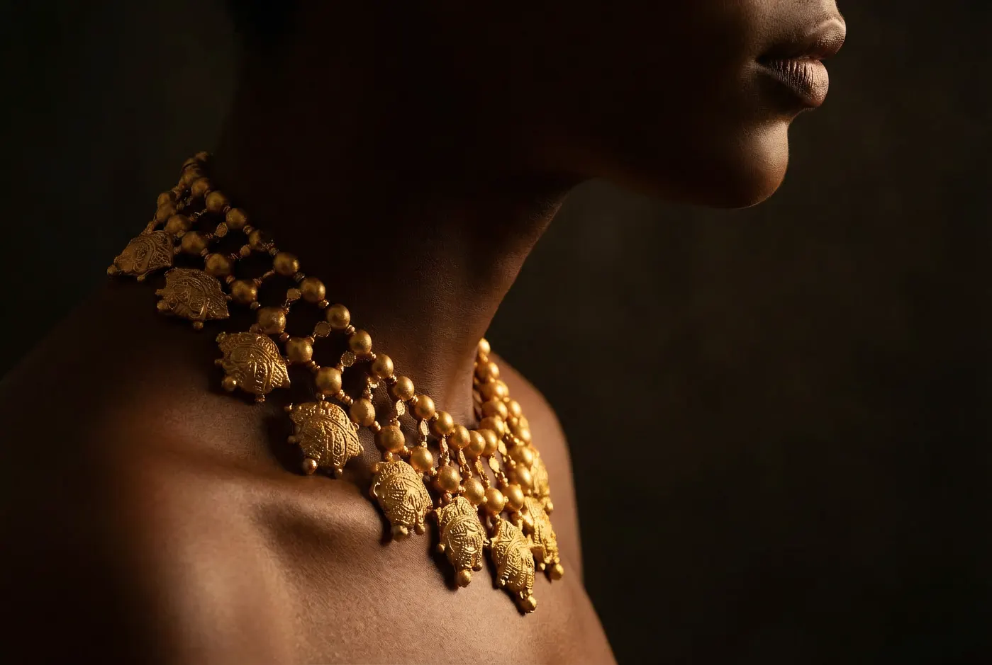 Gold Manga Mala cascading across skin, macro detail