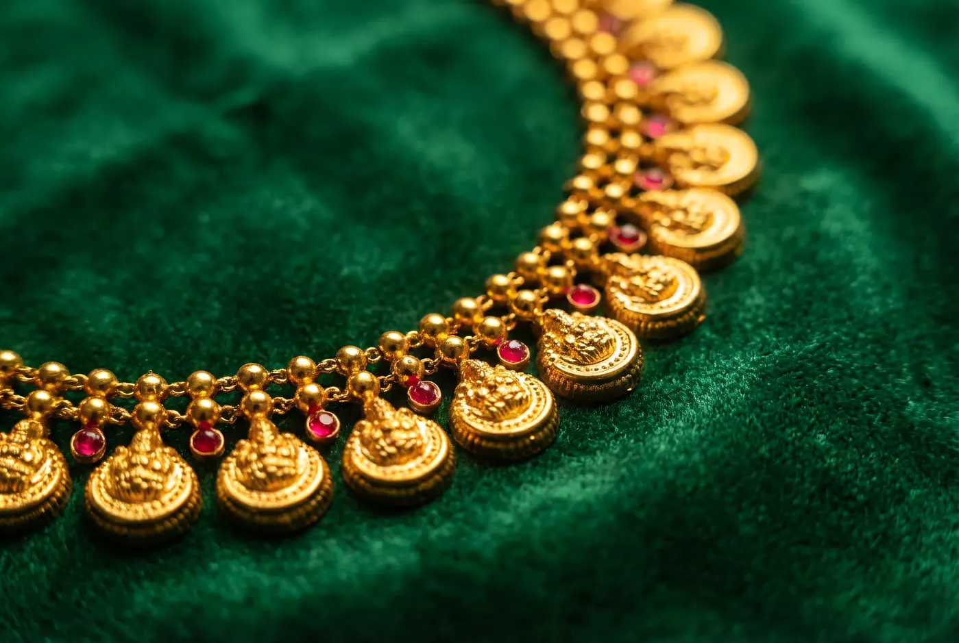 Kasu Mala macro showing individual deity coins on green velvet