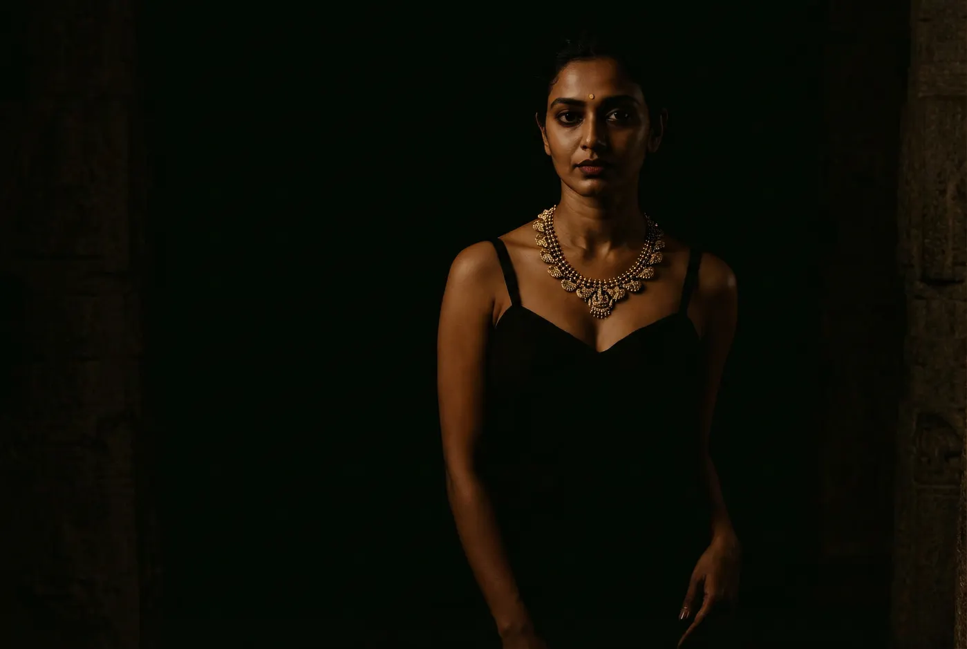 Architectural editorial portrait with Manga Mala temple pendant