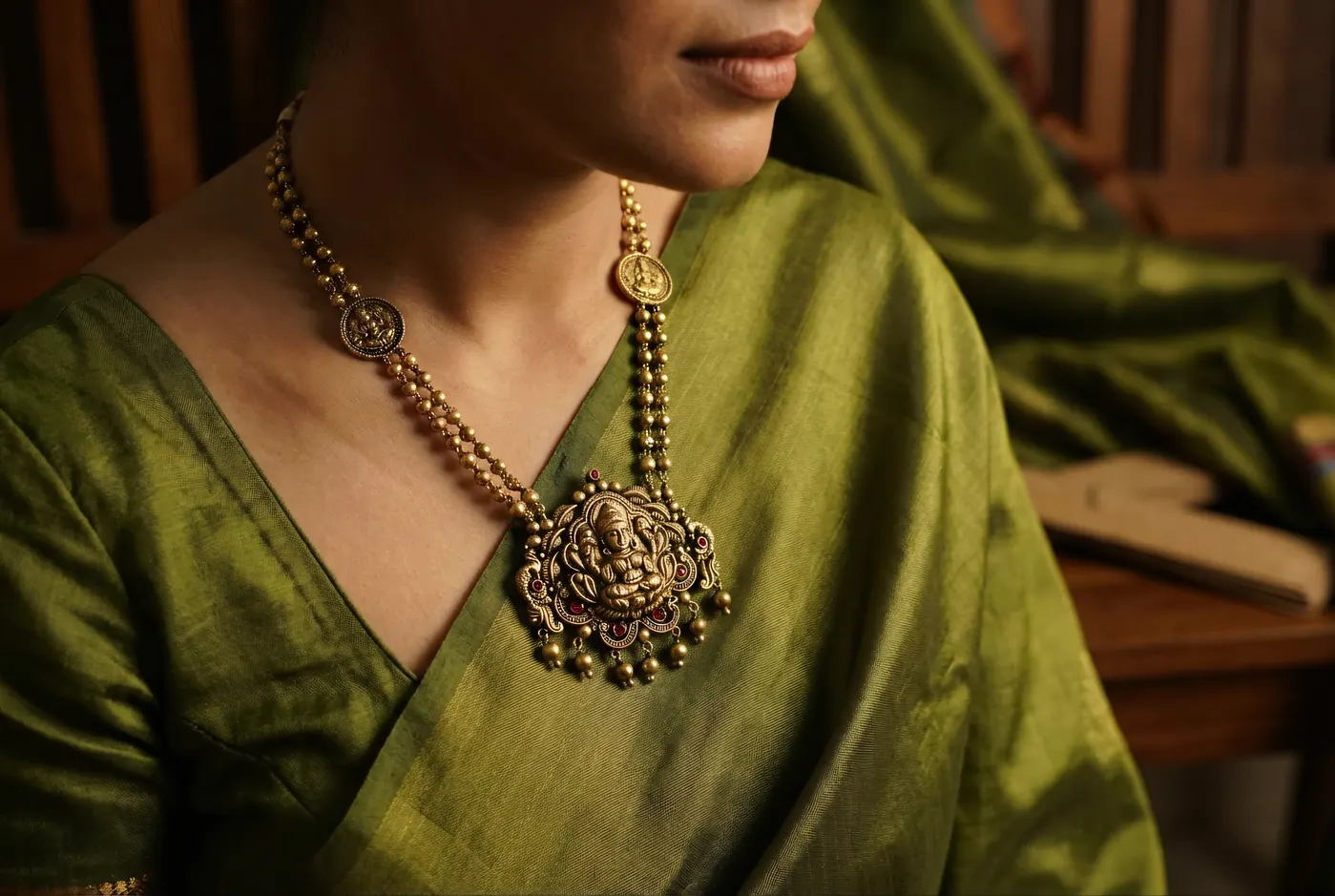 Ganesha deity pendant on green Kanjivaram silk