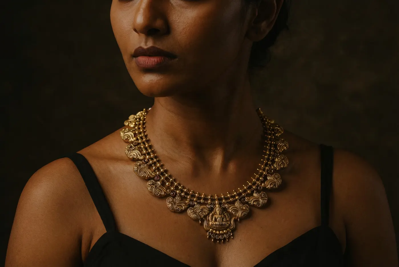 Lakshmi Haar with black Kanjivaram saree