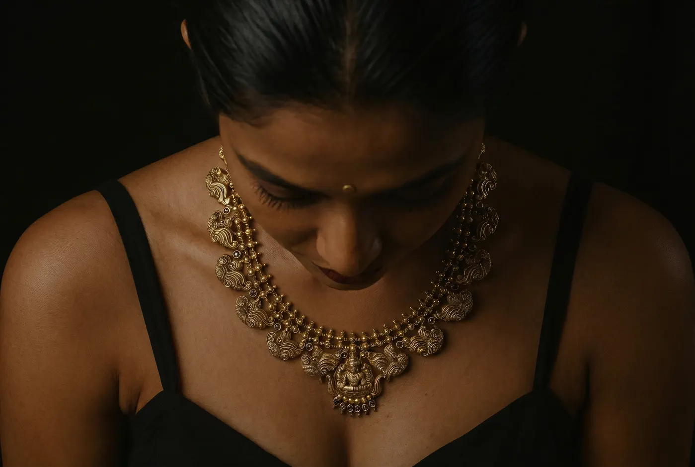 Woman bowing with Lakshmi Haar, dramatic lighting
