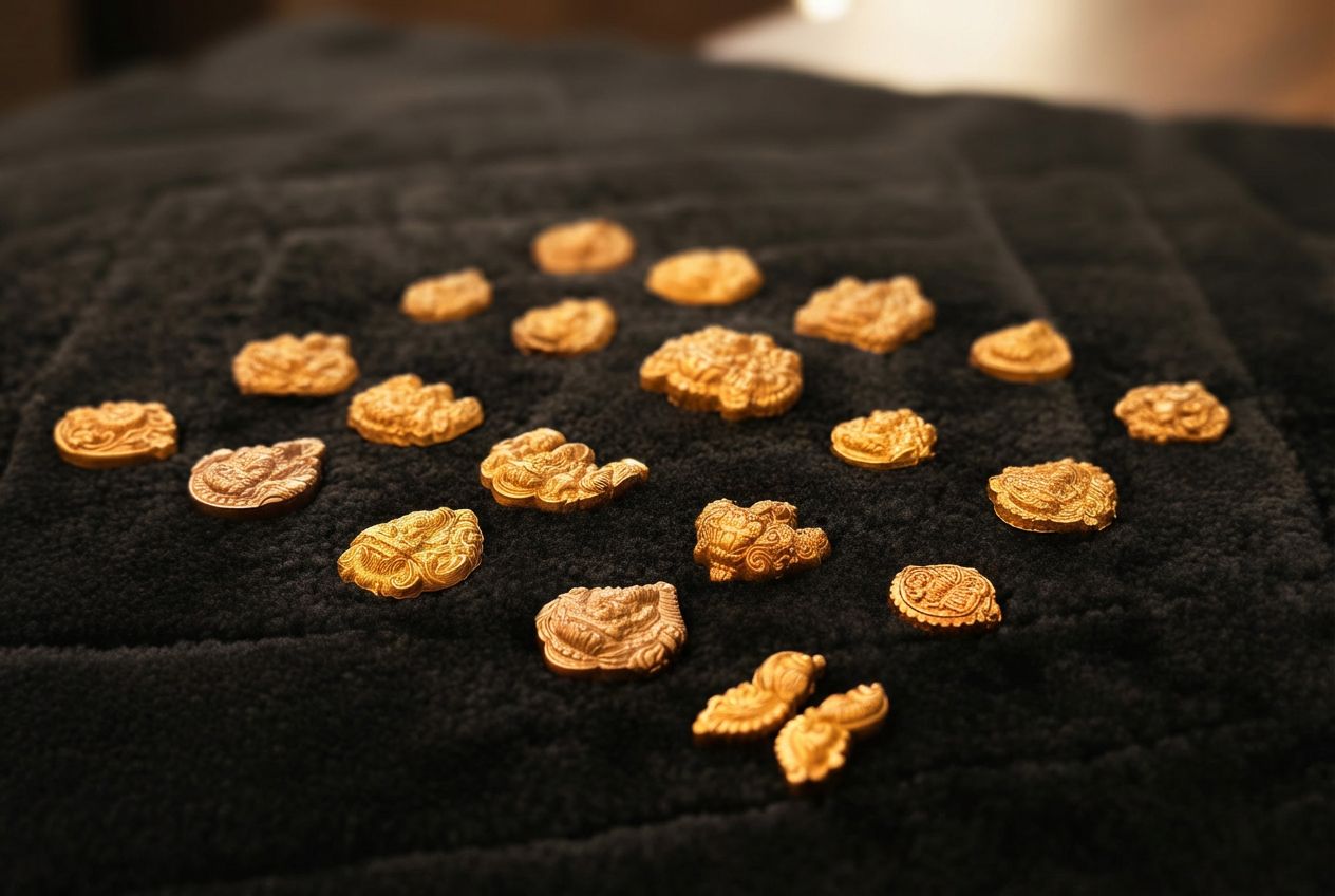 Hand-stamped Lakshmi Kasu gold coins on dark velvet