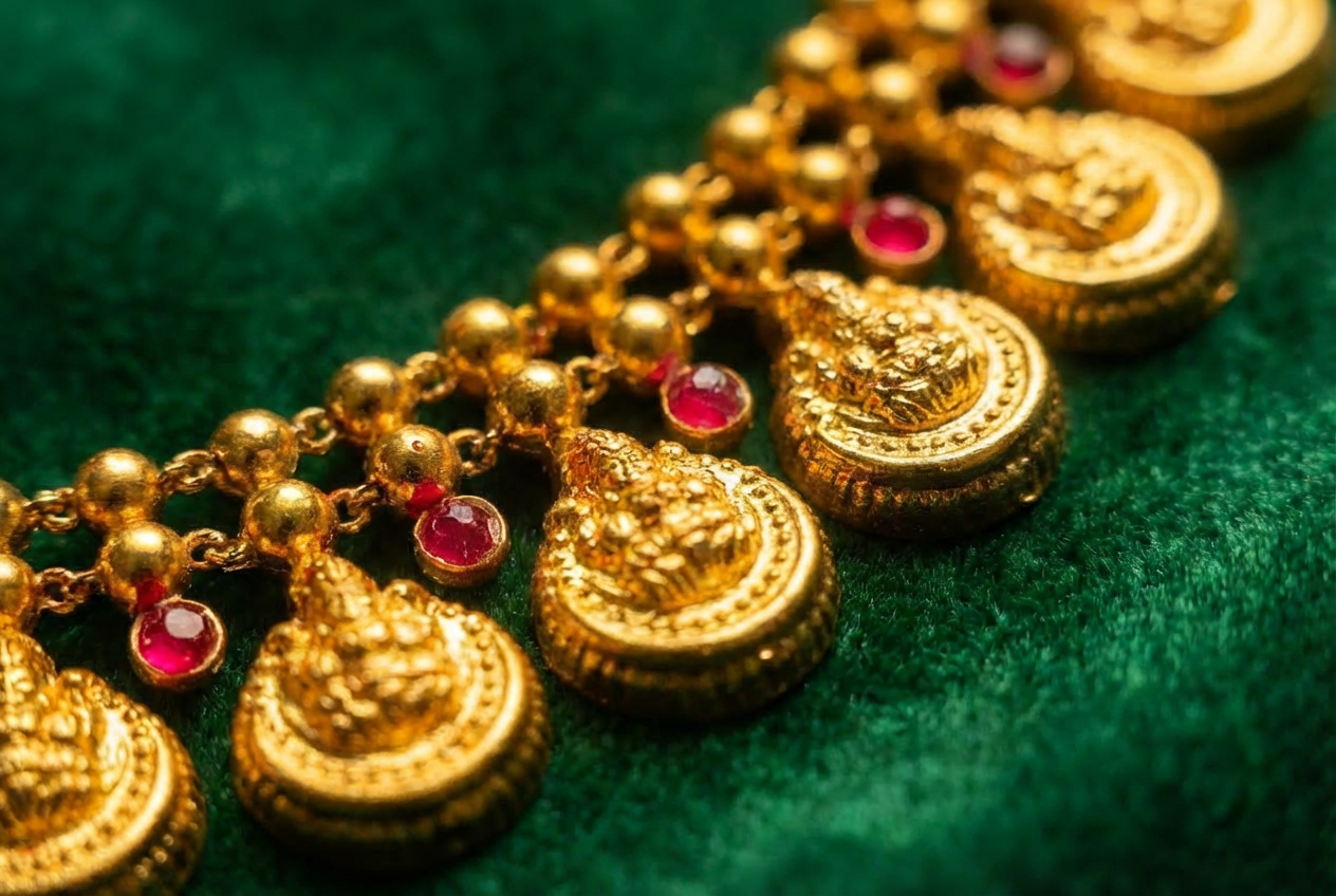 Lakshmi Kasu Mala coin necklace with ruby accents on emerald velvet