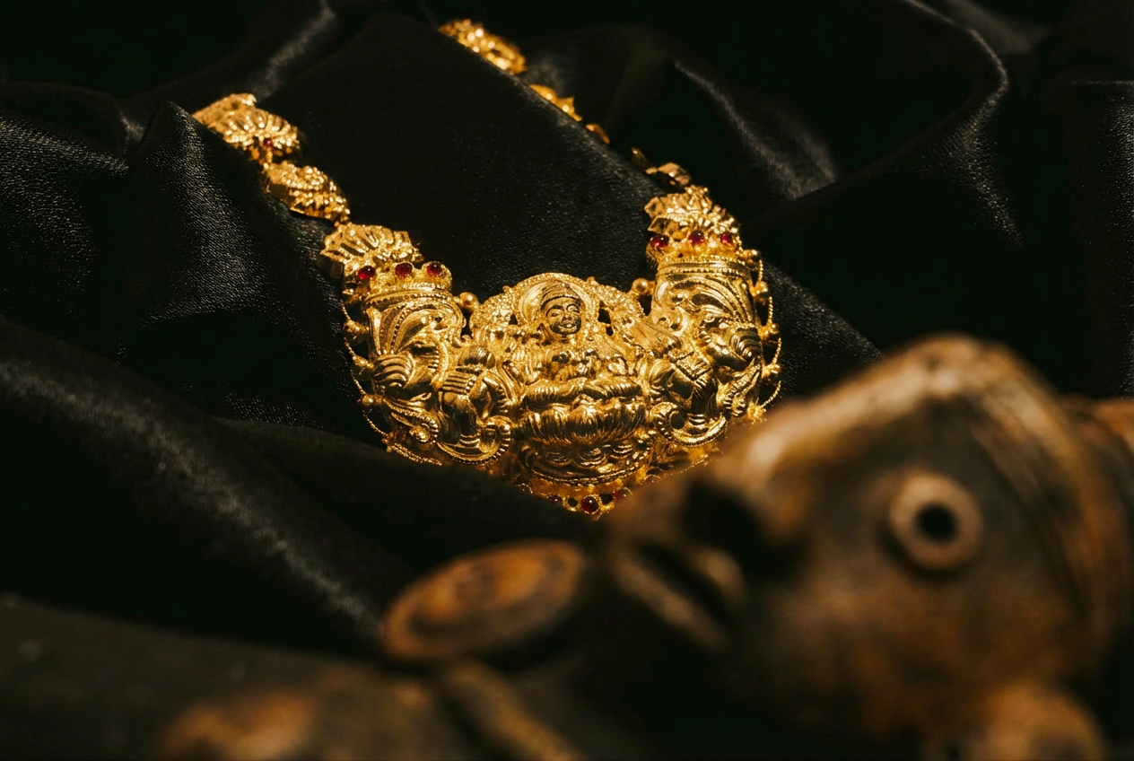 Lakshmi Haar on black silk with wooden guardian