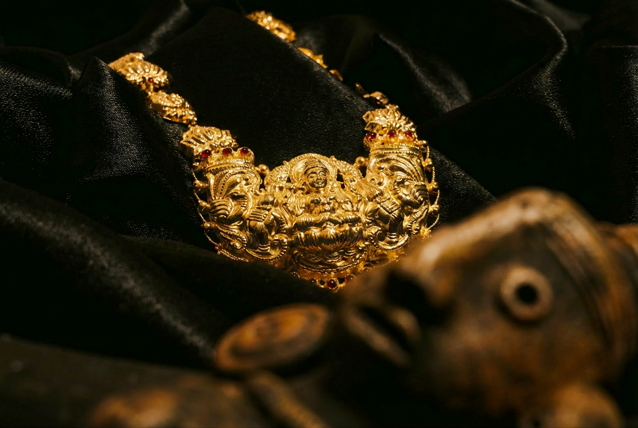 Lakshmi Haar temple necklace on black velvet