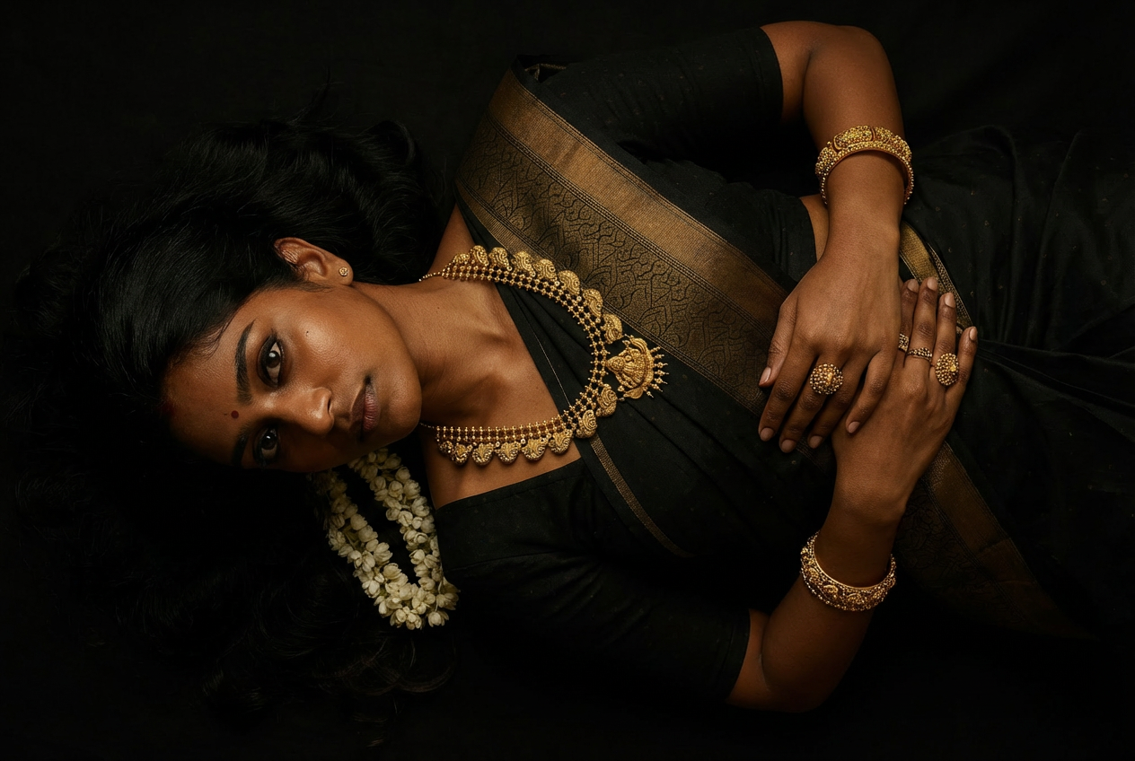 Dramatic reclining pose with bold Lakshmi Haar temple necklace