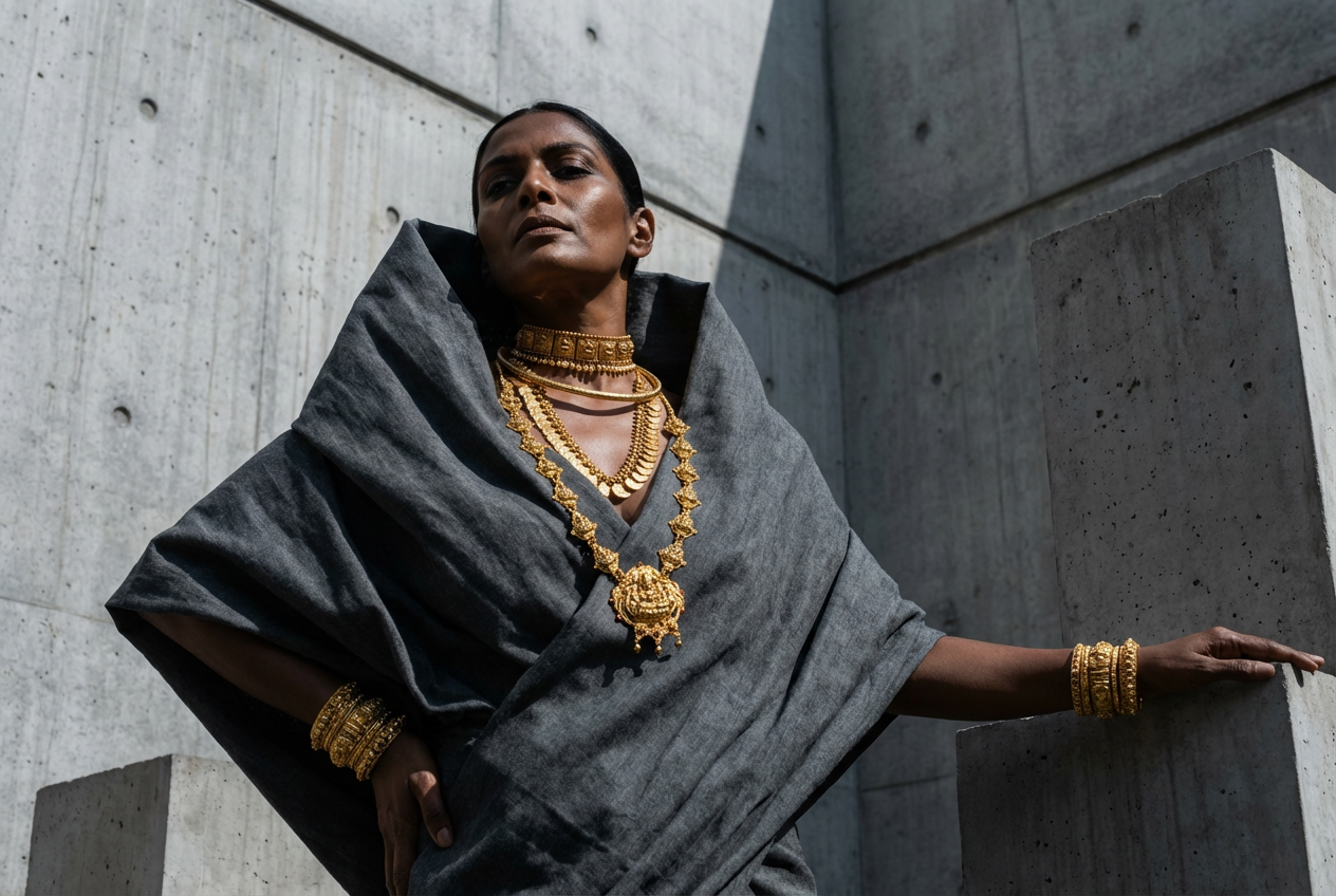 Layered temple gold necklaces, brutalist editorial