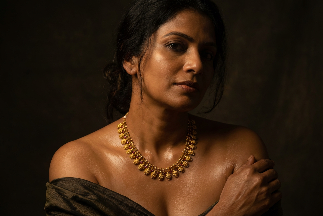 Gold necklace, candlelit intimate portrait