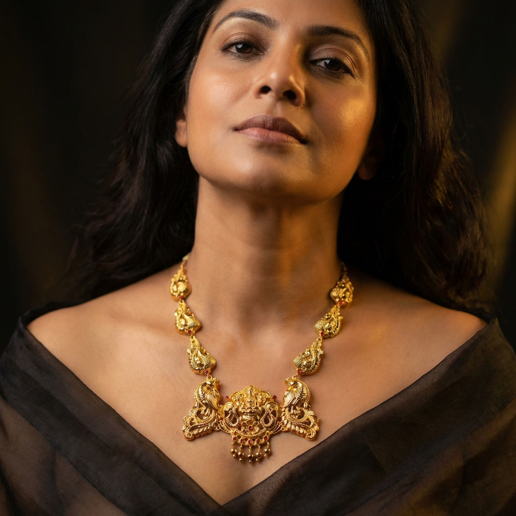 Kerala woman wearing Lakshmi Haar with peacock and yali motifs