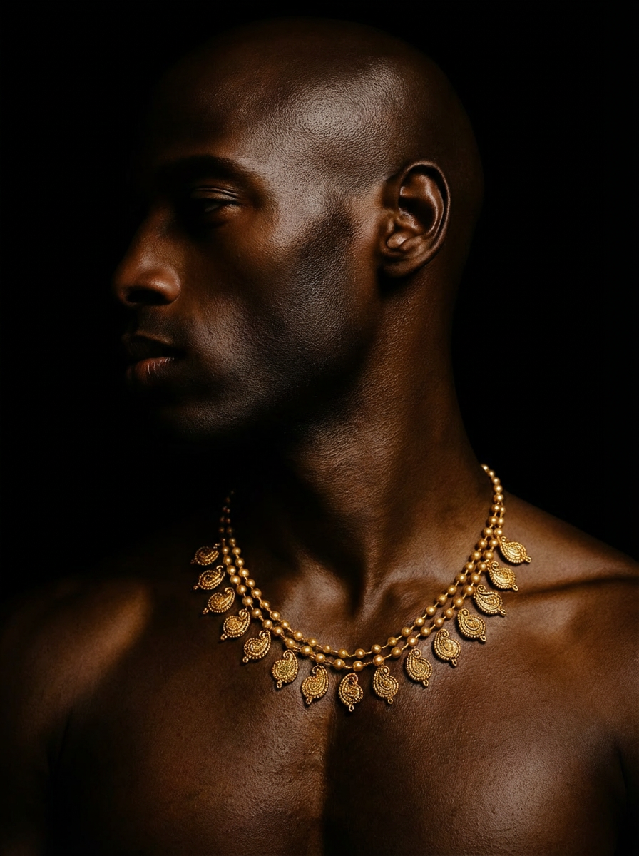 Gold drop necklace with leaf motifs, side profile