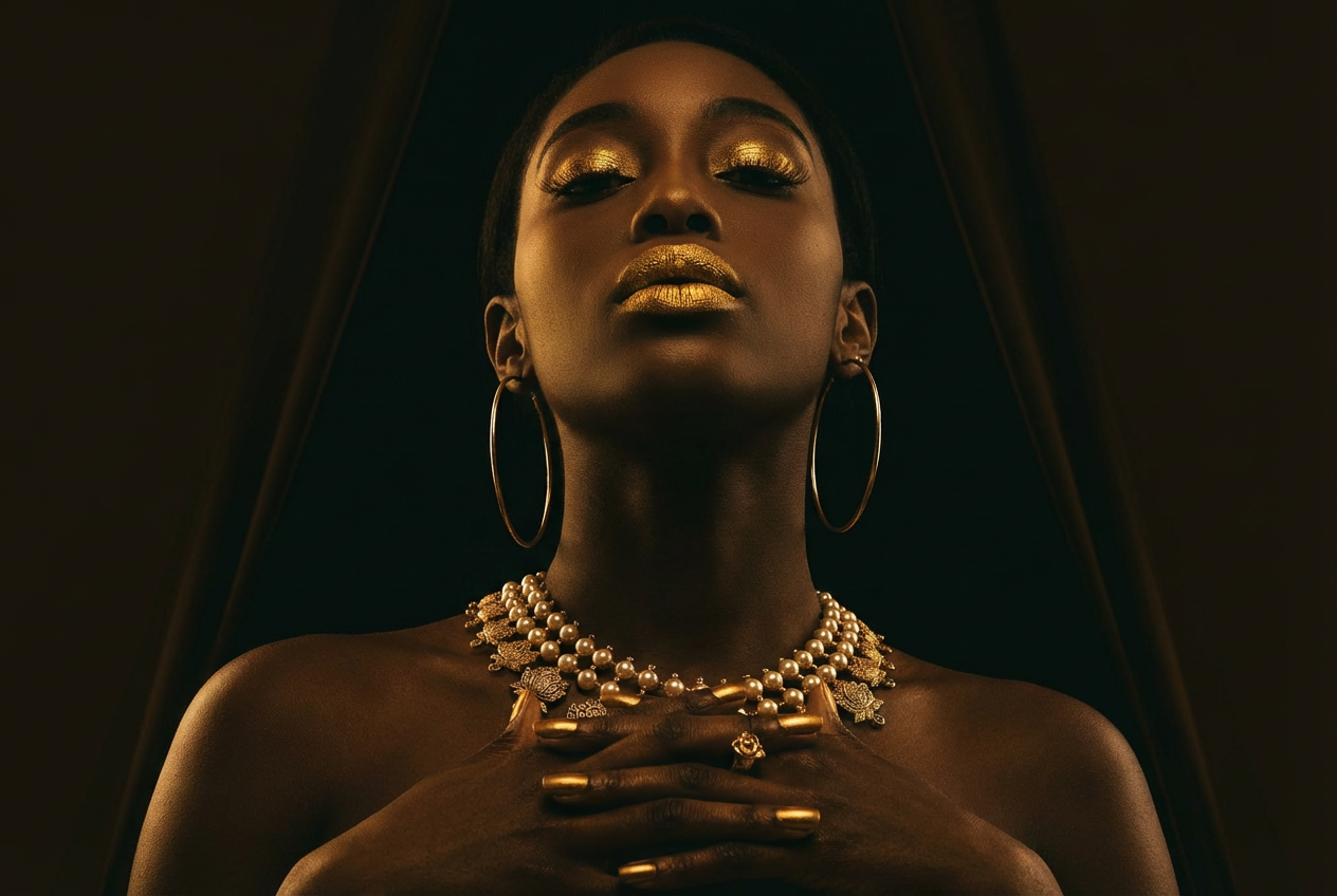 Upward gaze with chunky gold temple necklace