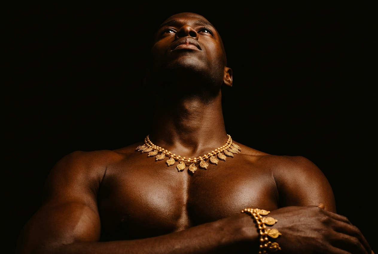 Multi-strand gold temple necklace, composed pose