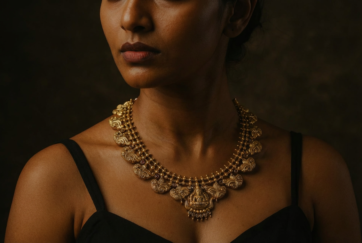 Temple gold necklace, warm studio lighting