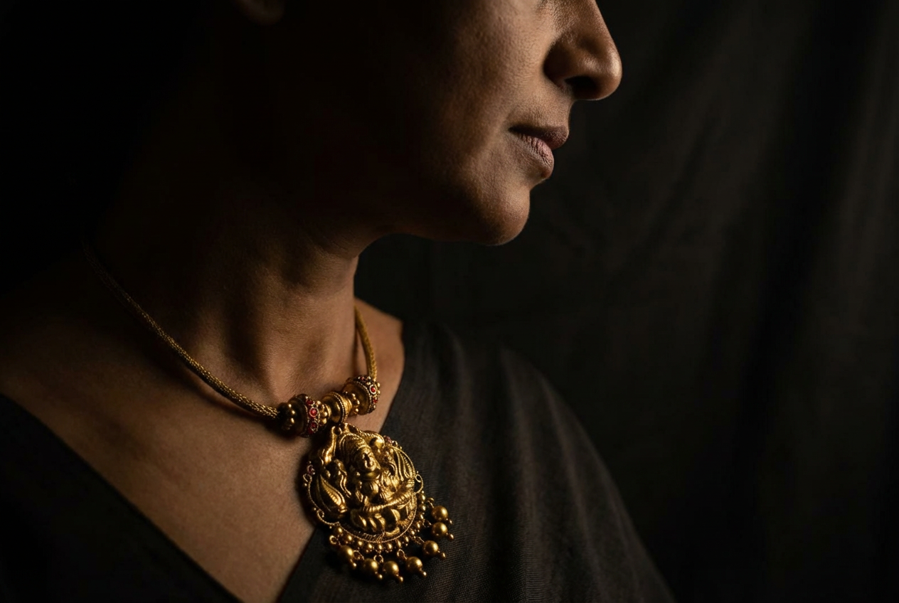Side profile wearing pendant on gold chain
