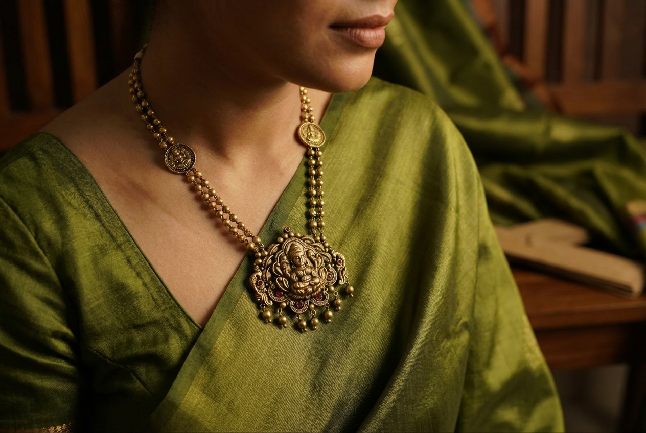 Ganesha pendant necklace on green silk