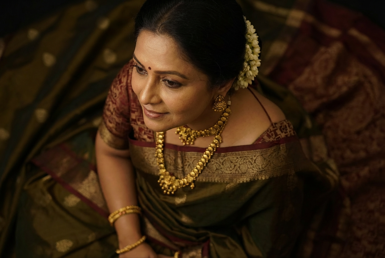 Bridal overhead with jasmine and gold necklace