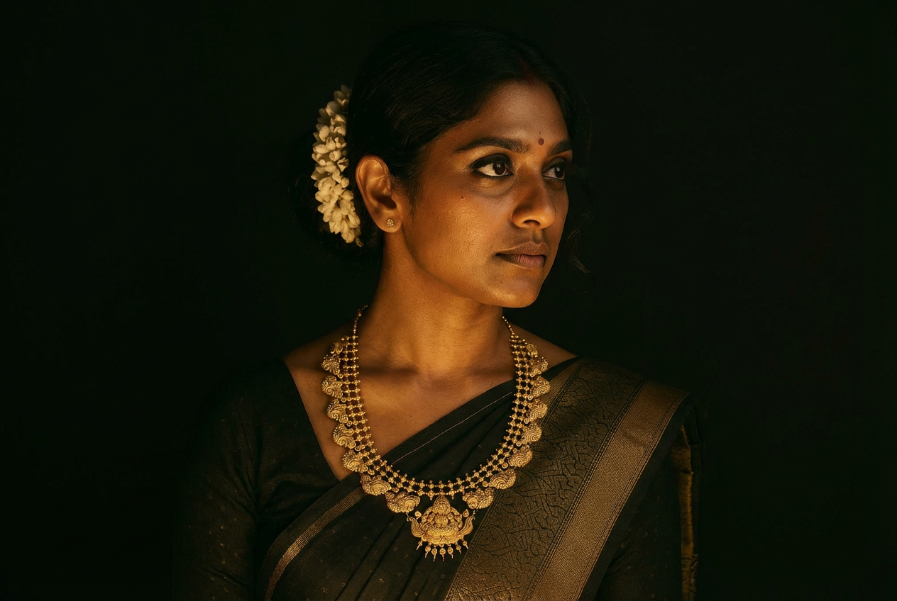 Woman in black Kanjivaram saree wearing Lakshmi Haar temple necklace