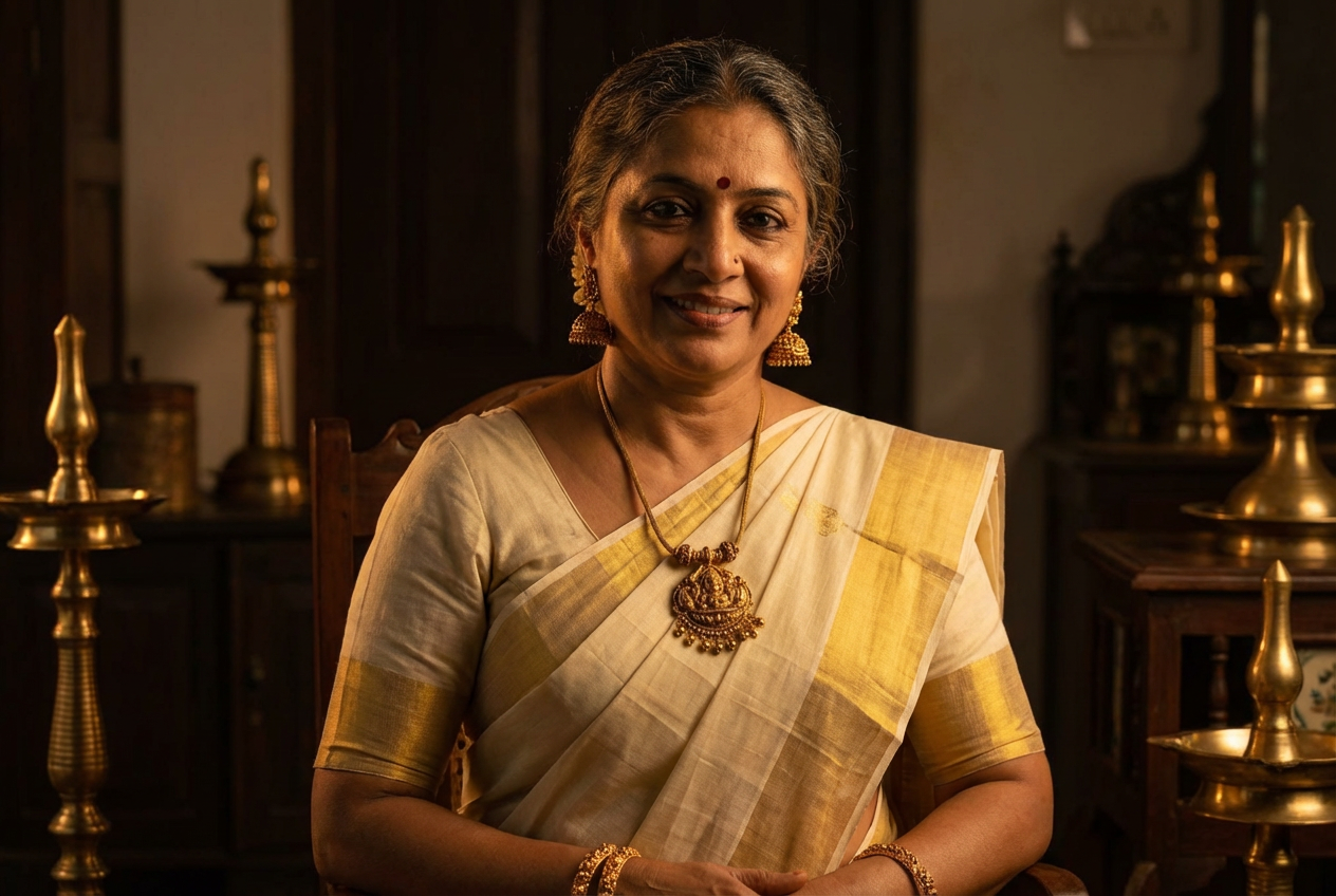 Kasavu saree with brass lamps and temple jewellery