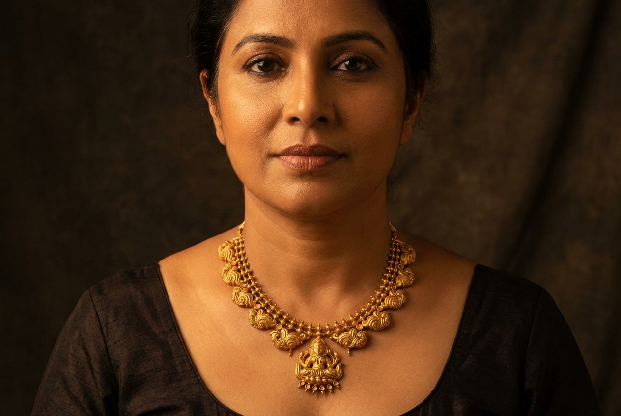 Direct gaze wearing Lakshmi Haar