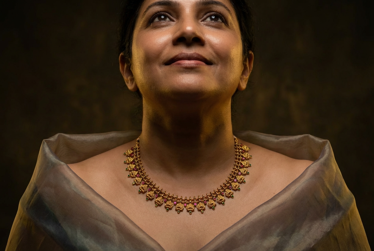 Serene upward gaze wearing temple gold necklace