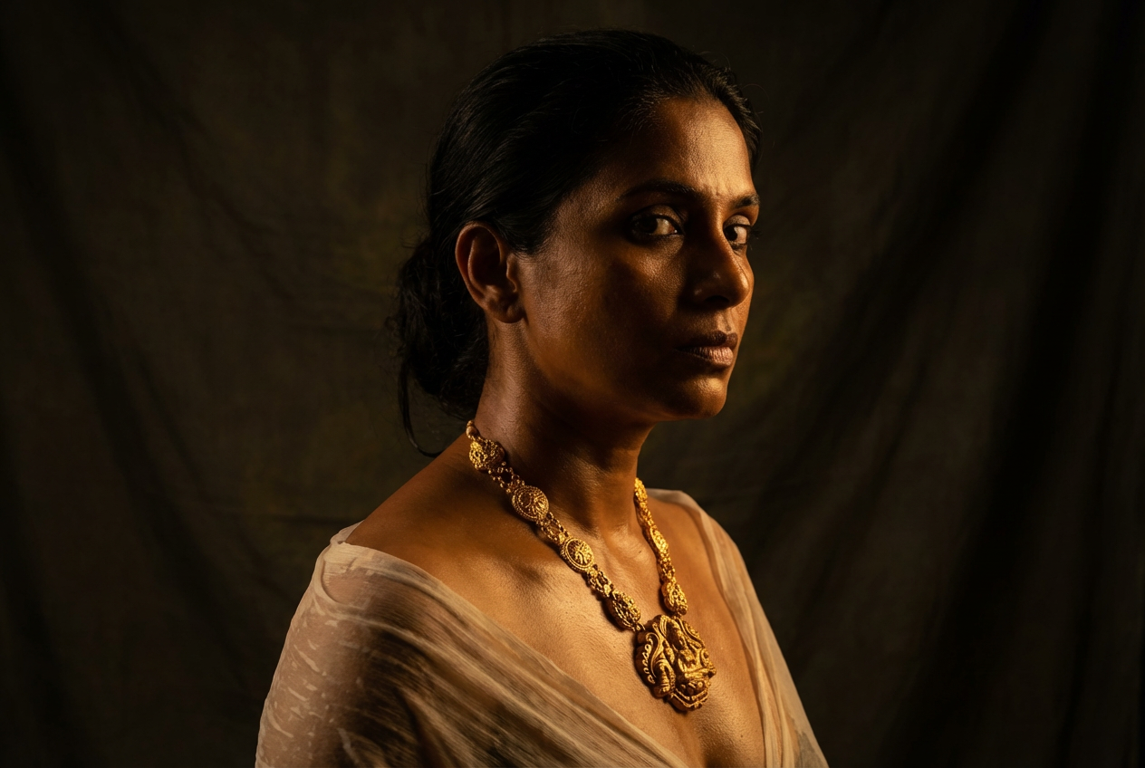 Gold leaf-drop necklace, Rembrandt lighting