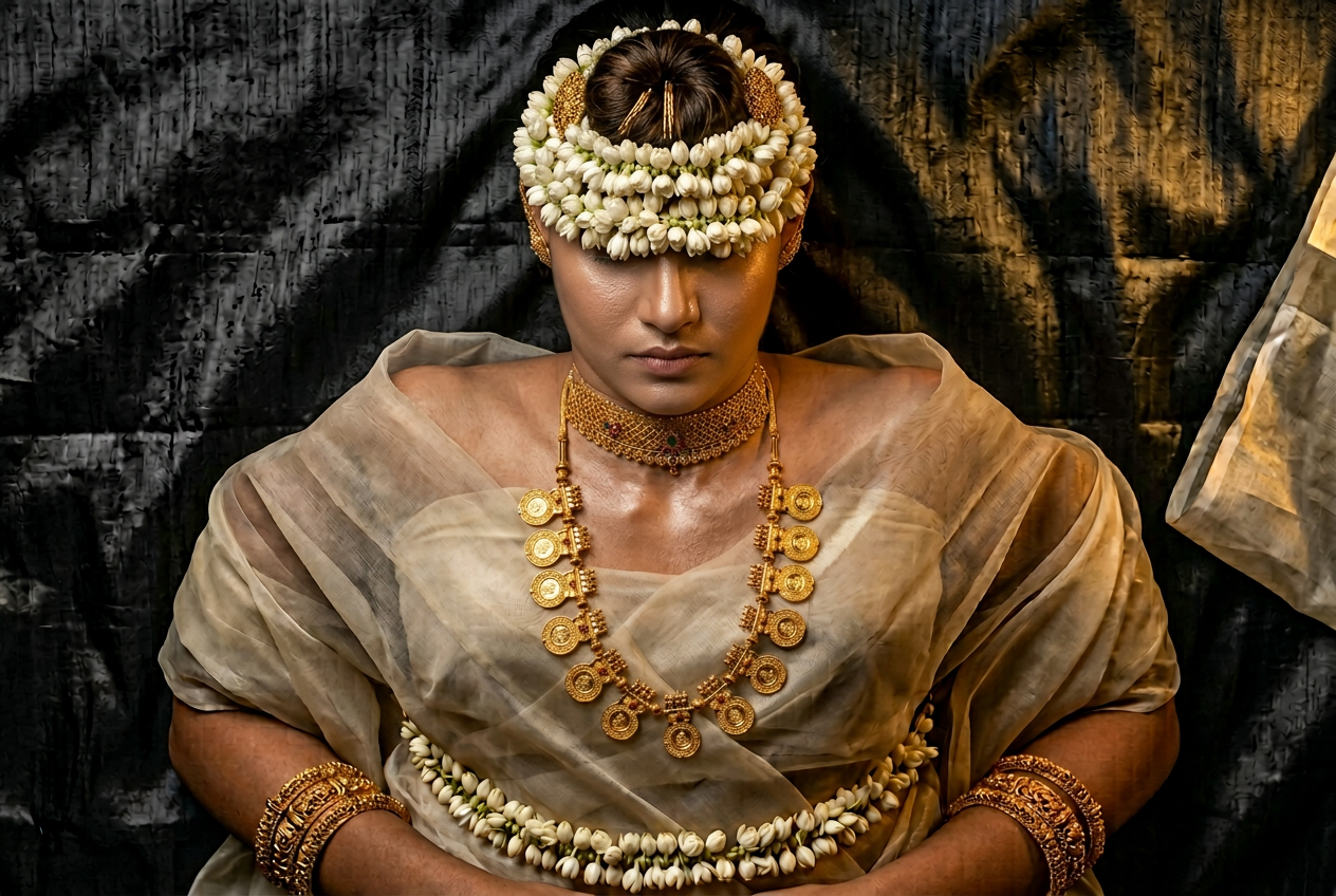 Ceremonial editorial with jasmine crown and layered gold