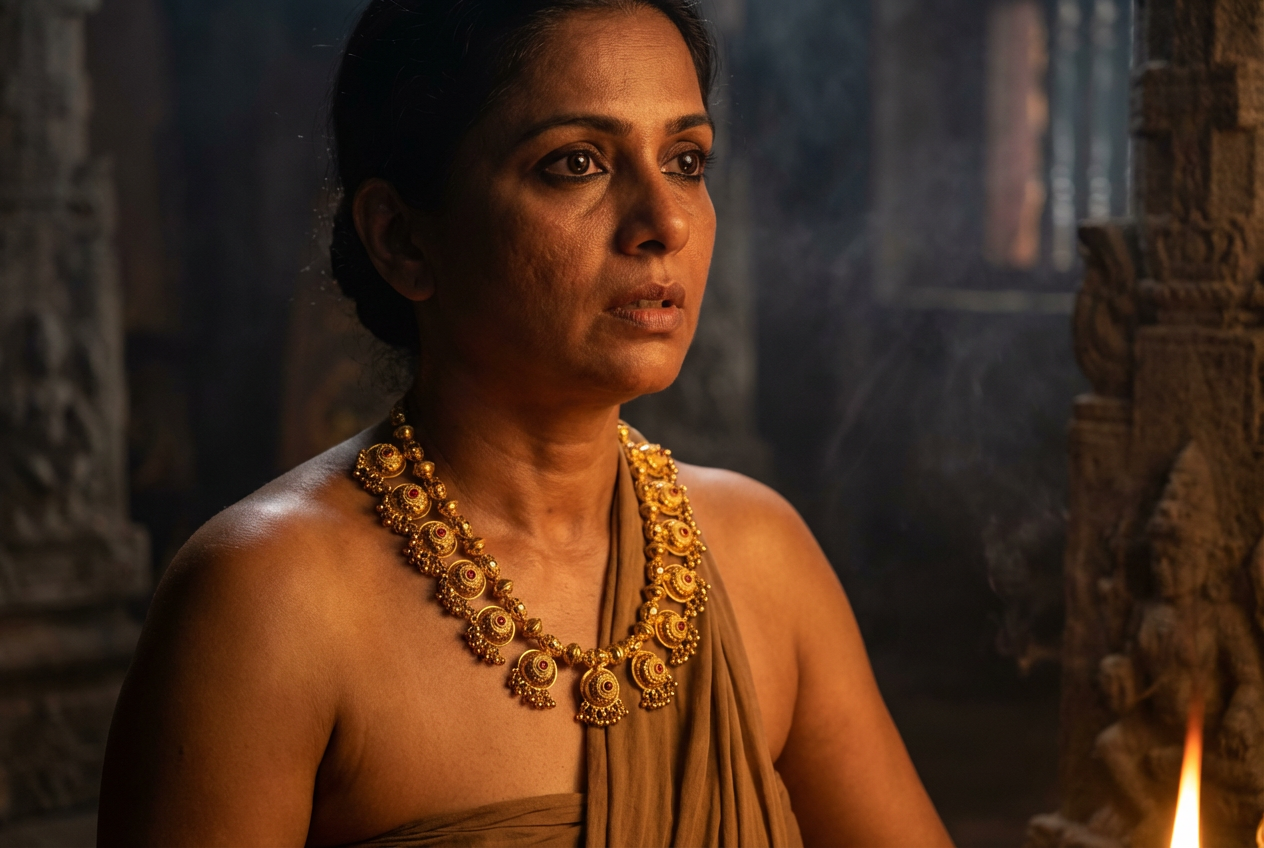 Woman wearing Kasu Mala in temple