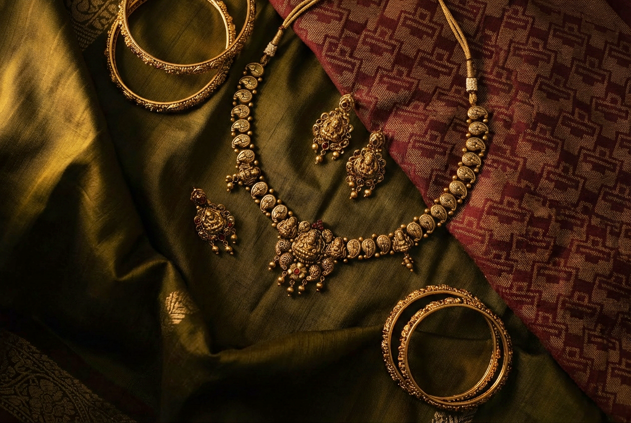 Complete temple set on olive silk